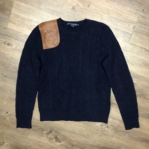 Ralph Lauren Navy Knit Sweater Leather Patch Large